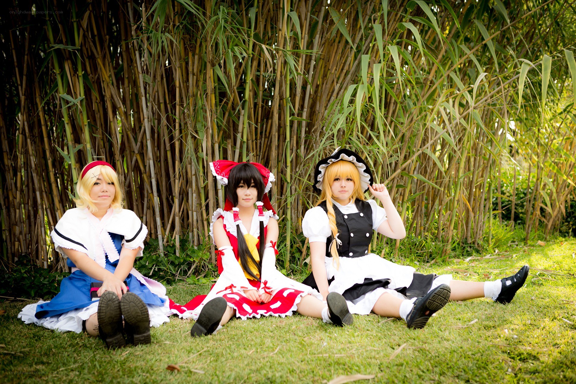 Cosplayers in garden