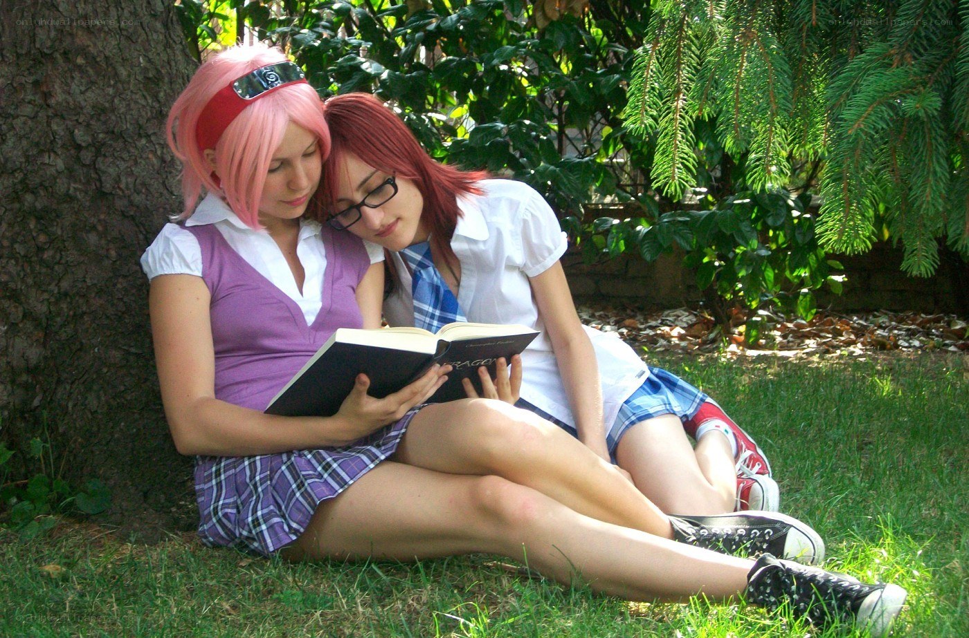 Cosplayers reading in a park