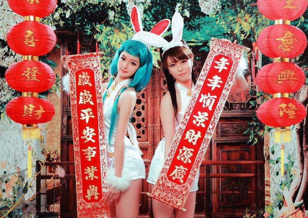 Cosplayers with Chinese New Year decor