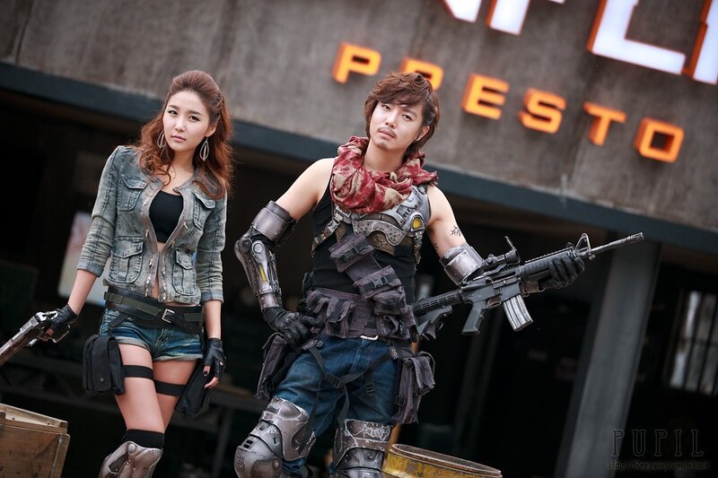 cosplayers with weapons in urban setting