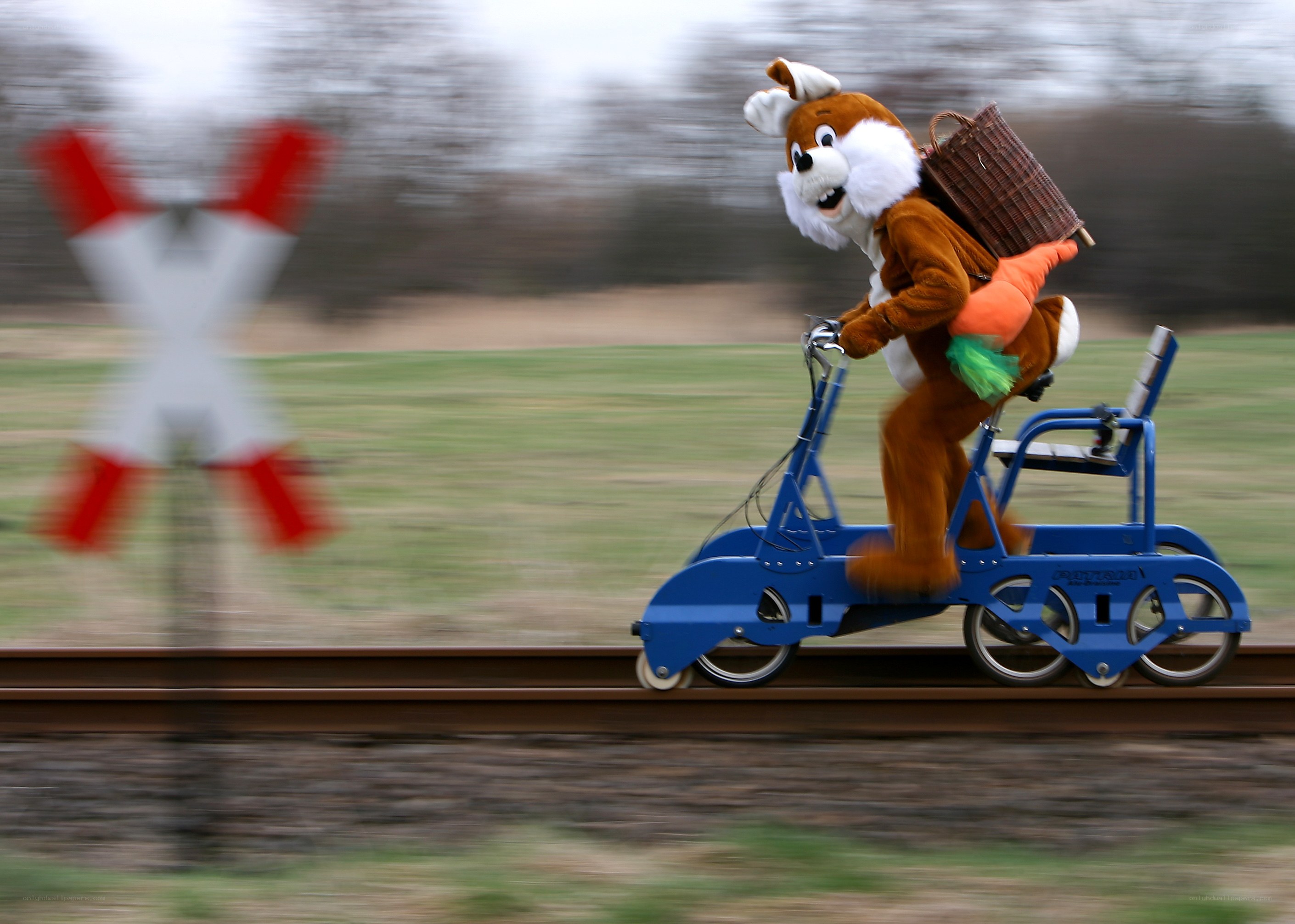 costumed character on rail vehicle