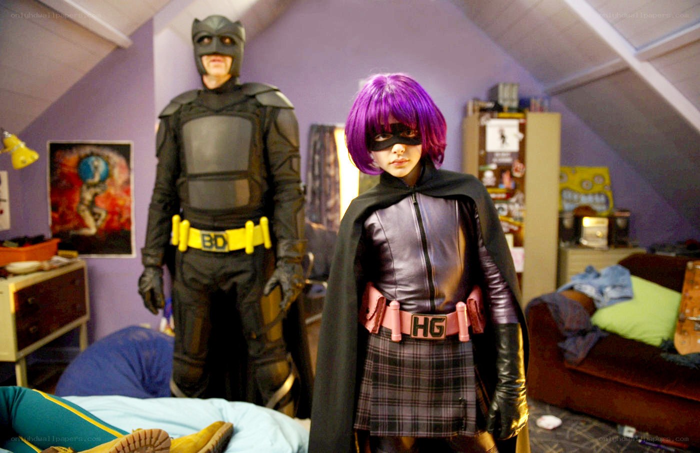 costumed characters in attic room