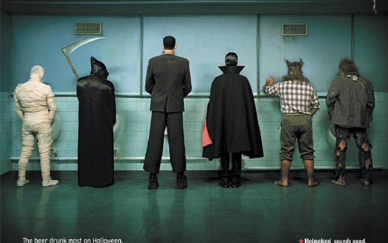 Costumed Figures in Bathroom — Blue