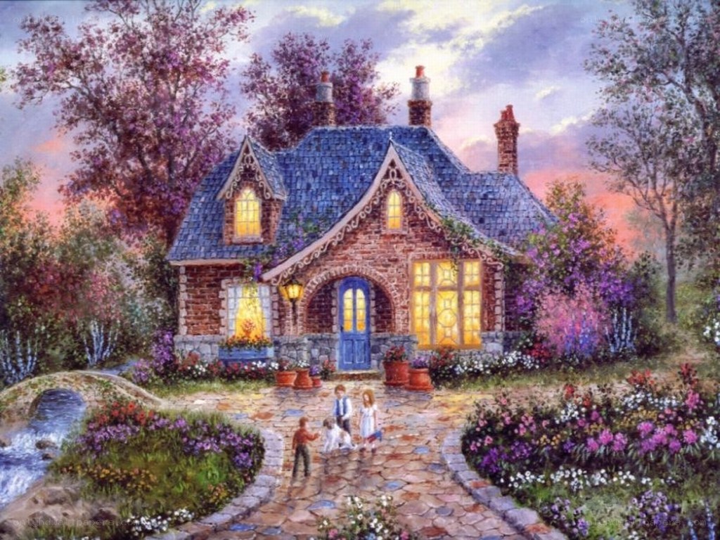 Cottage at dusk with children