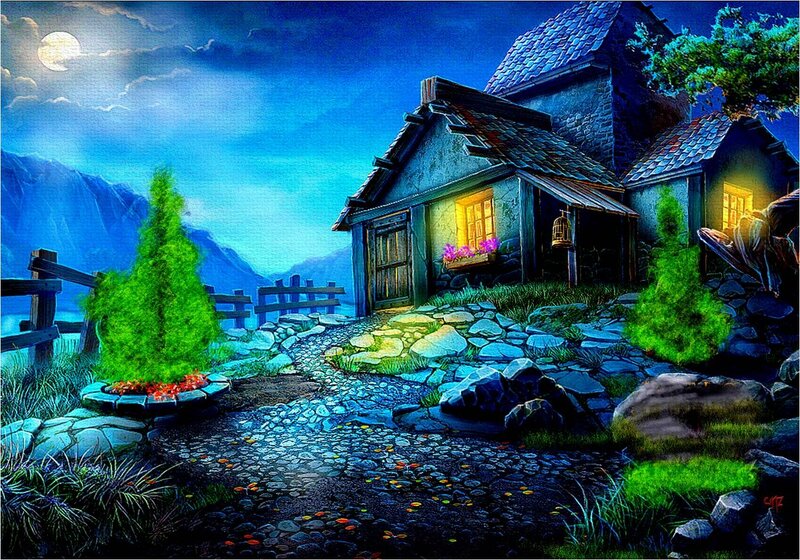 Cottage at Night — Blue, Serene