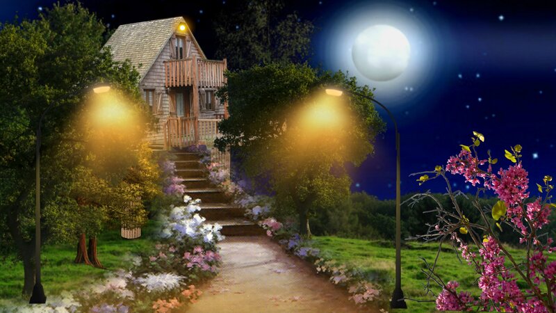 Cottage at Night — Green, Serene