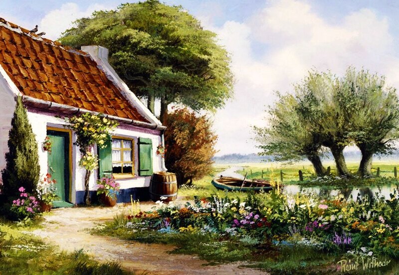 Cottage by a Canal — Green, Serene