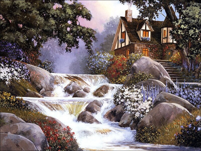 Cottage by a Flowing Stream