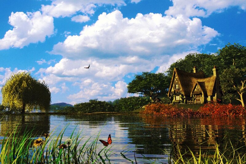 Cottage by a Lake — Blue, Serene, Afternoon