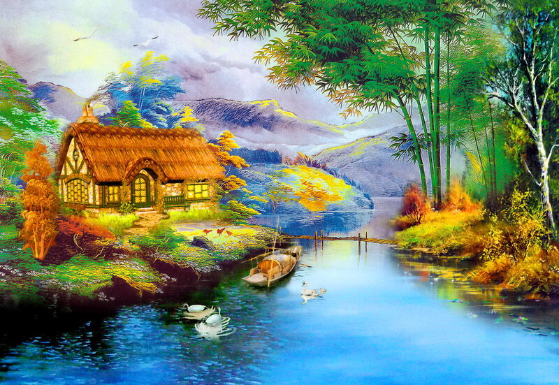 Cottage by a Lake — Blue, Serene, Autumn