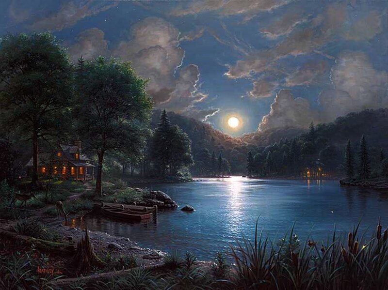 Cottage by a Lake — Blue, Serene, Night