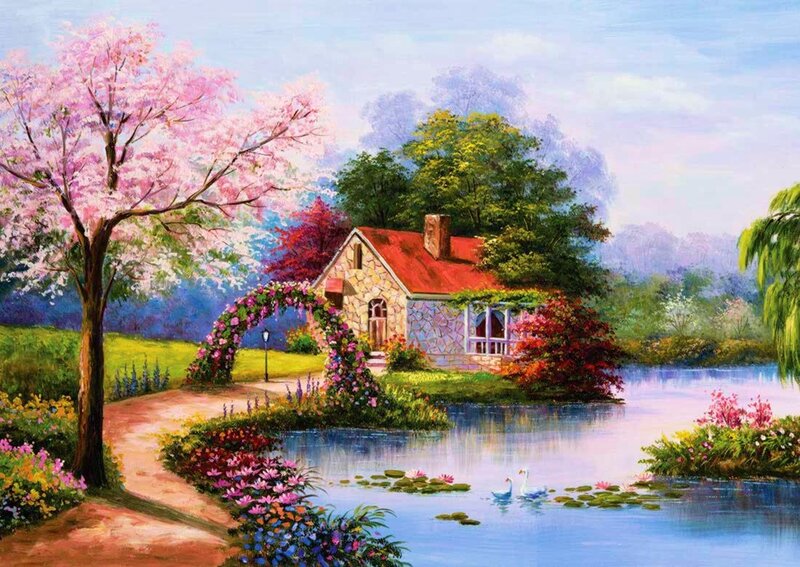 Cottage by a Lake — Blue, Serene, Spring