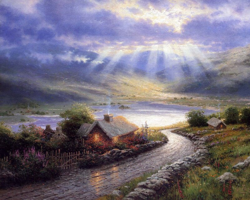 Cottage by a Lake — Blue, Serene, Sunrise, Painting