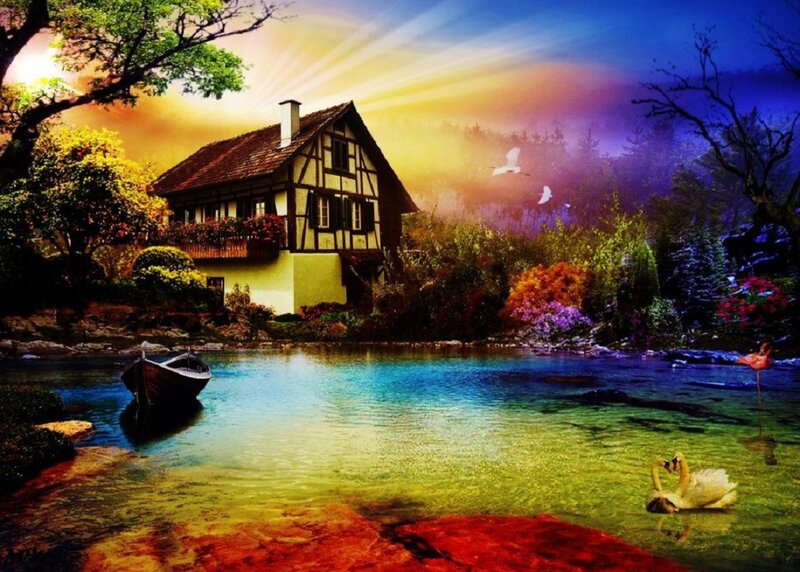 Cottage by a Lake — Blue, Serene, Sunset, Digital Art