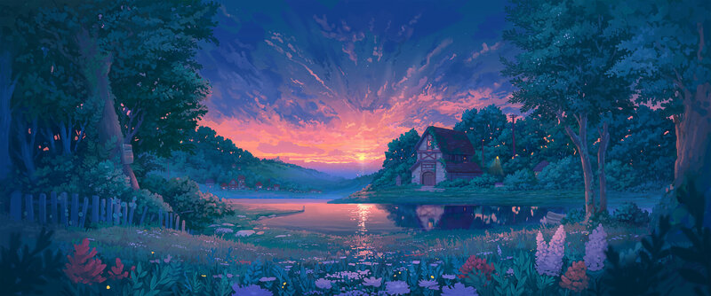 Cottage by a Lake — Blue, Serene, Sunset, Digital Art, Trees