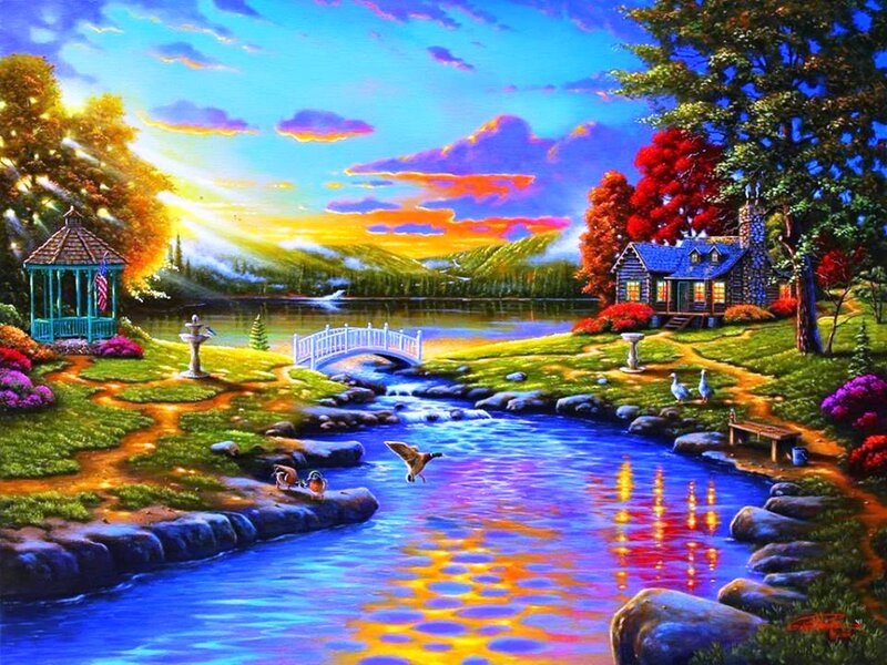 Cottage by a Lake — Blue, Serene, Sunset, Painting, Gazebo, Bridge