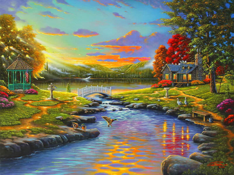 Cottage by a Lake — Blue, Serene, Sunset, Painting, Gazebo