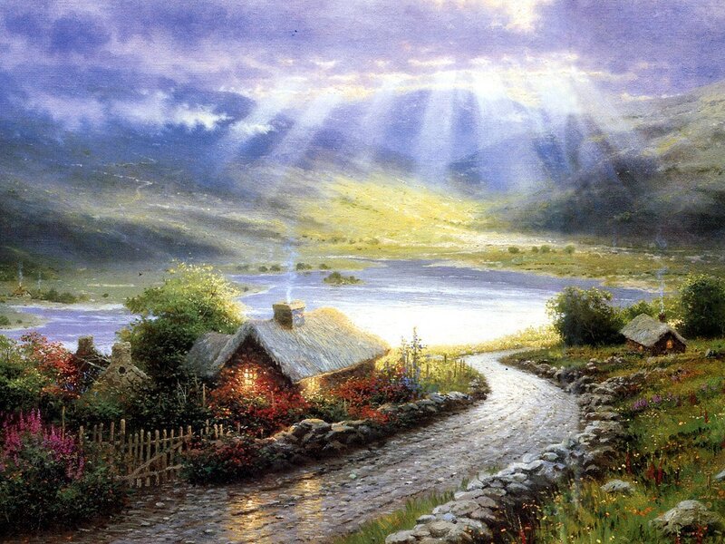 Cottage by a Lake — Blue, Serene, Sunset, Painting, Path