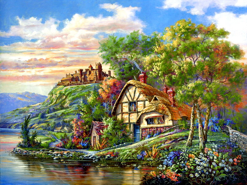 Cottage by a Lake — Blue, Serene, Sunset, Painting