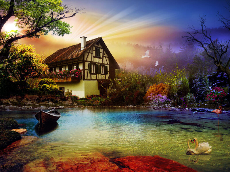 Cottage by a Lake — Blue, Serene