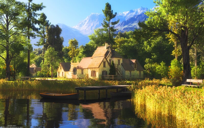 Cottage by a Lake — Green, Serene, Afternoon, Digital Art, Mountains