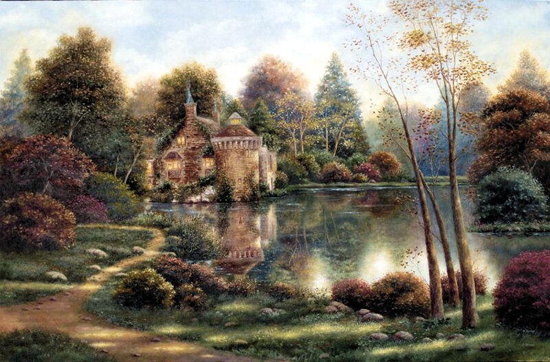 Cottage by a Lake — Green, Serene, Afternoon, Painting, Trees