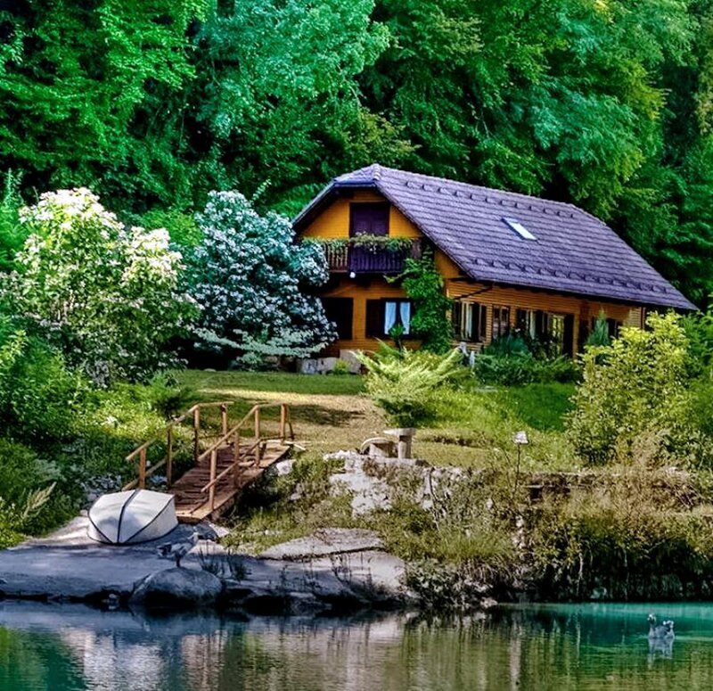 Cottage by a Lake — Green, Serene, Afternoon, Photograph, Trees
