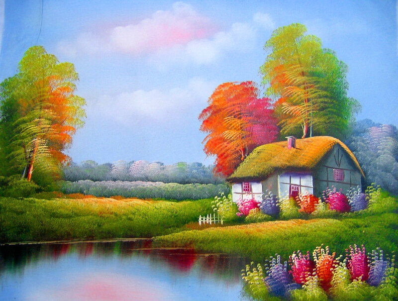 Cottage by a Lake — Green, Serene, Autumn