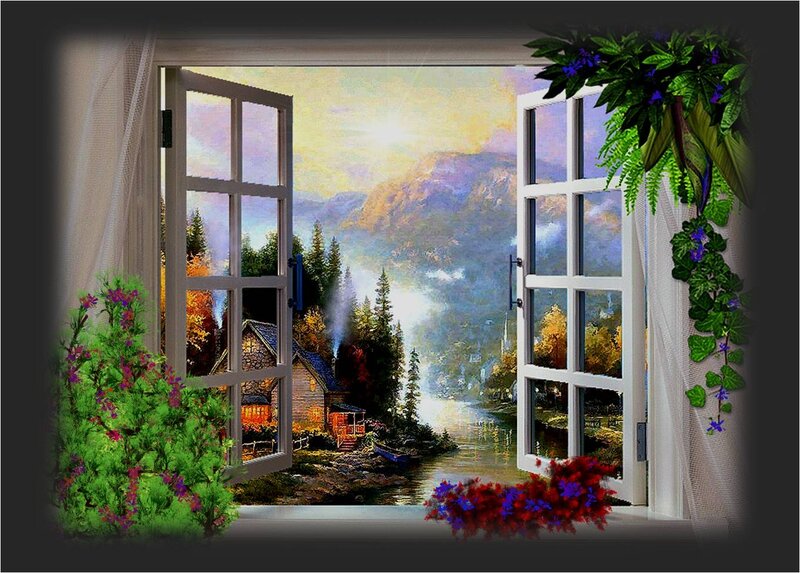 Cottage by a Lake — Green, Serene, Sunset, Painting, Mountains
