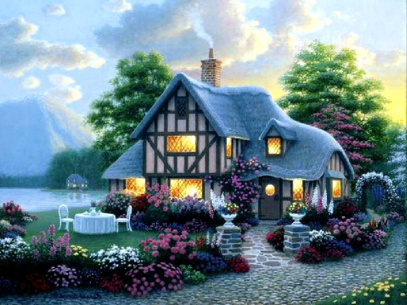 Cottage by a Lake — Green, Serene, Sunset