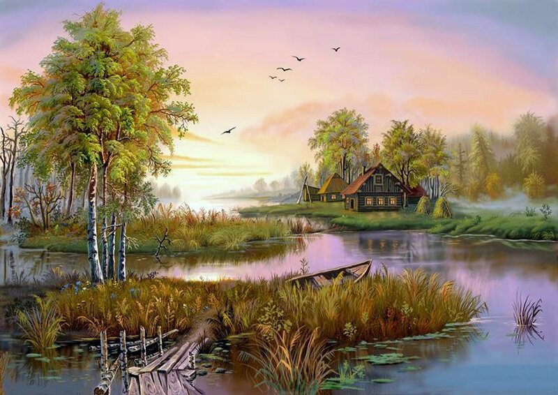 Cottage by a Lake — Purple, Serene, Sunset