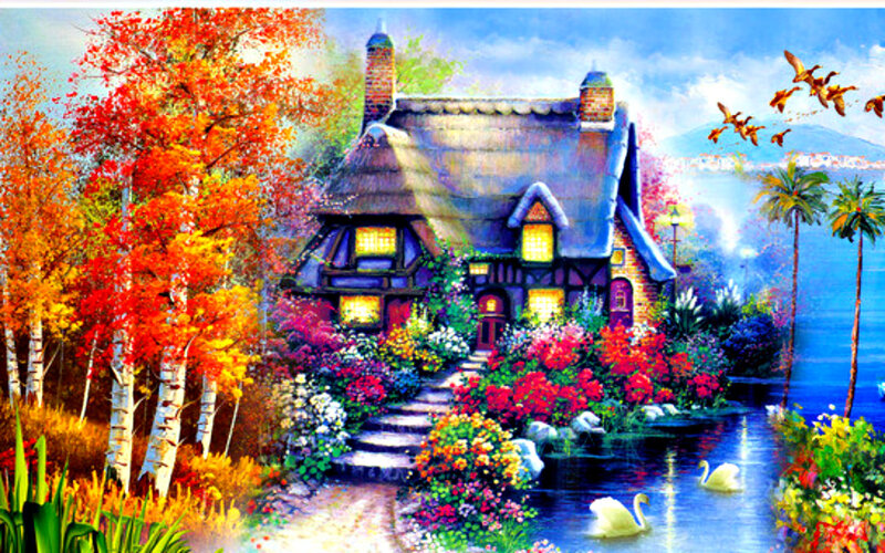 Cottage by a Pond — Blue, Serene, Autumn
