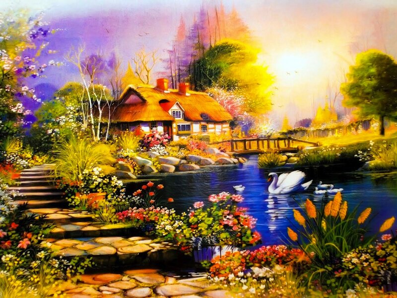Cottage by a Pond — Blue, Serene, Sunset