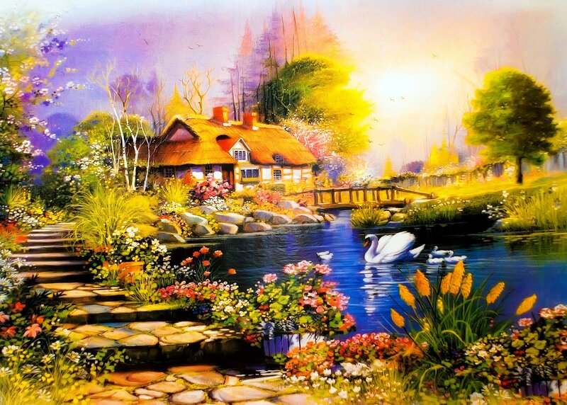 Cottage by a Pond — Blue, Serene