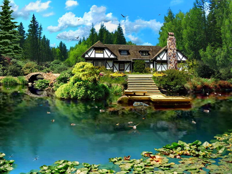 Cottage by a Pond — Blue