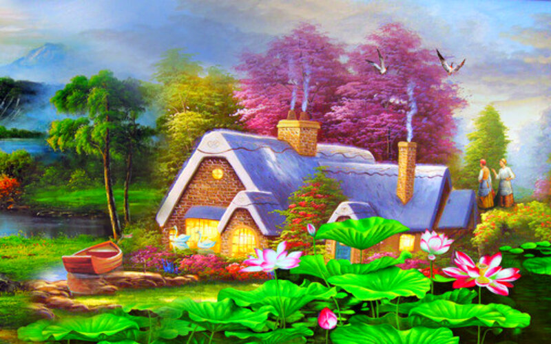 Cottage by a Pond — Green, Serene, Afternoon, Painting, Birds