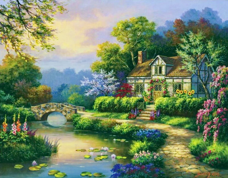 Cottage by a Pond — Green, Serene, Afternoon, Painting, Bridge