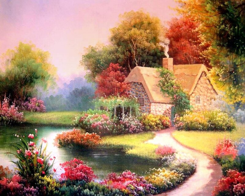 Cottage by a Pond — Green, Serene, Afternoon, Painting, Flowers, Path