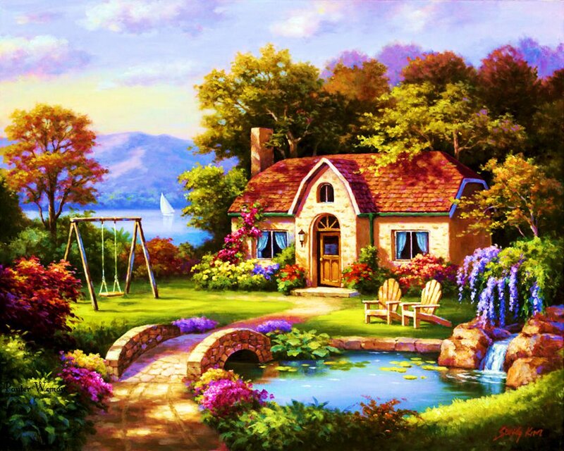 Cottage by a Pond — Green, Serene, Afternoon, Painting, Swing Set