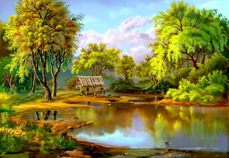Cottage by a Pond — Green, Serene, Afternoon, Painting, Trees