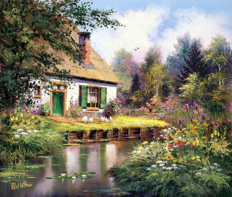 Cottage by a Pond — Green, Serene, Afternoon