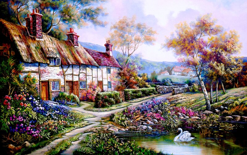 Cottage by a Pond — Green, Serene, Autumn, Painting