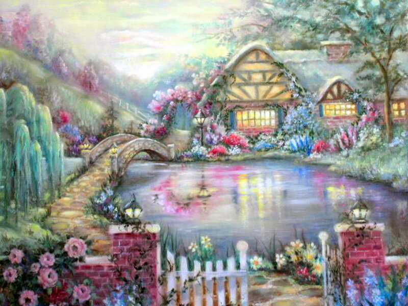 Cottage by a Pond — Green, Serene, Morning, Painting