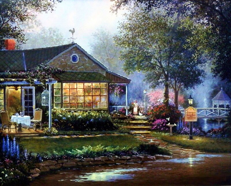 Cottage by a Pond — Green, Serene, Morning