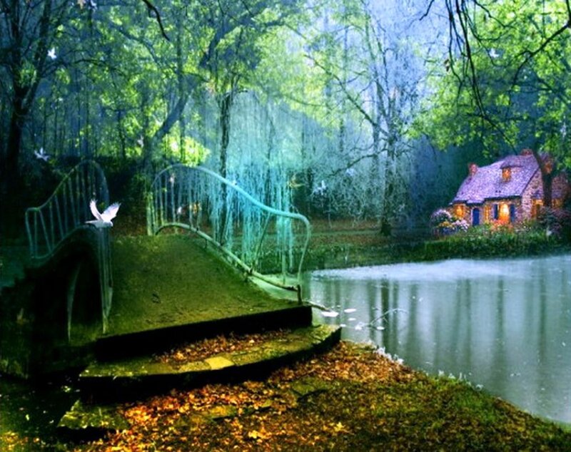 Cottage by a Pond — Green, Serene, Night