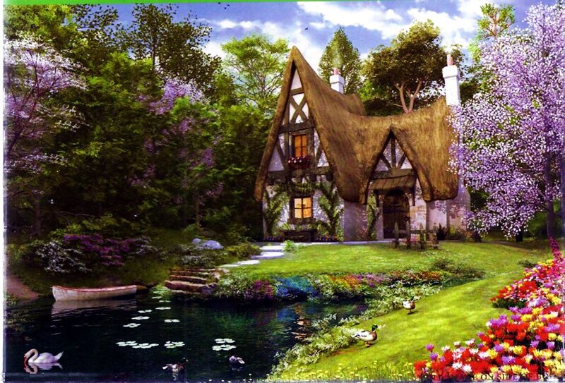Cottage by a Pond — Green, Serene, Spring, Digital Art