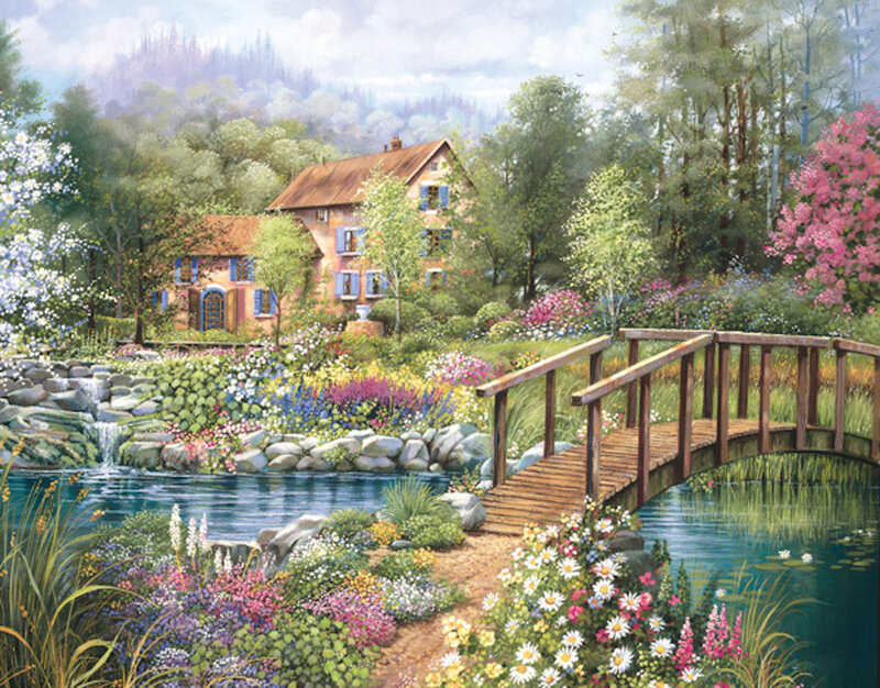 Cottage by a Pond — Green, Serene, Spring, Painting, Bridge, Flowers