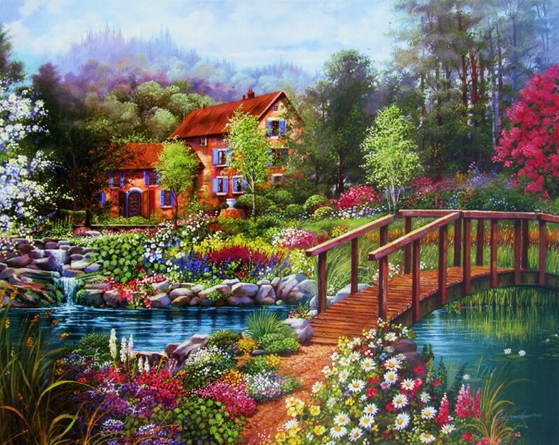 Cottage by a Pond — Green, Serene, Spring, Painting, Bridge, Flowers, Trees