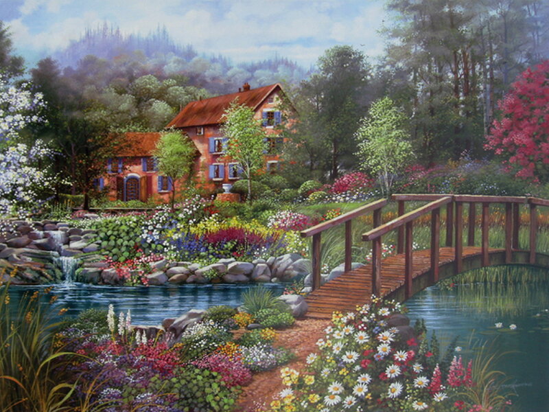Cottage by a Pond — Green, Serene, Spring, Painting, Bridge