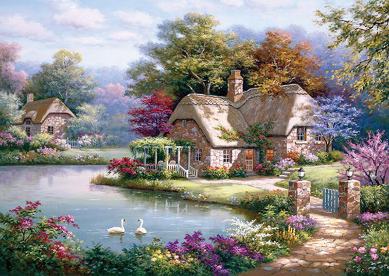 Cottage by a Pond — Green, Serene, Spring, Painting, Swans, Flowers